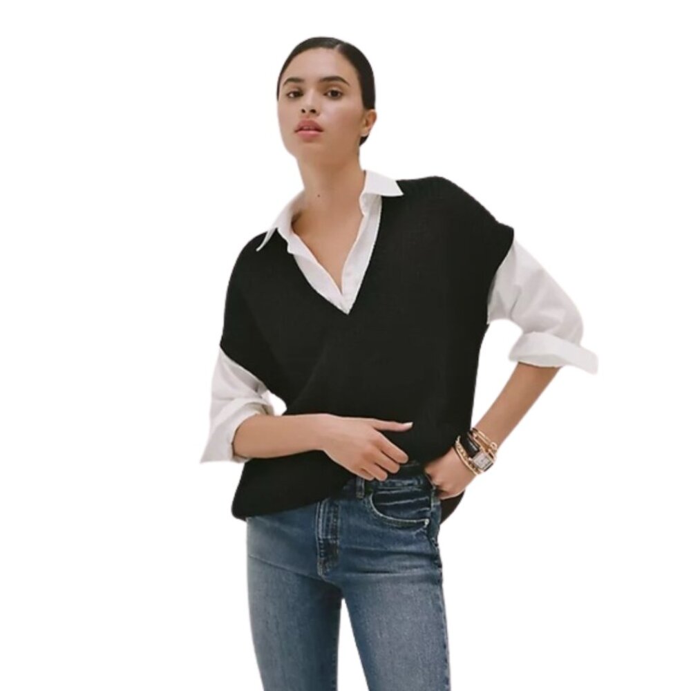 Bloomingdale’s Cashmere Women Layered V-Neck Sweater Black White Size M